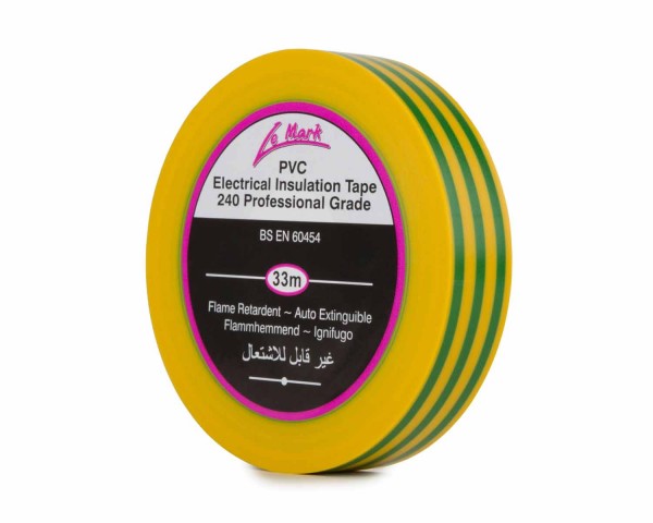 Le Mark PVC Electrical Insulation Tape 19mm x 33m Green/Yellow EARTH - Main Image